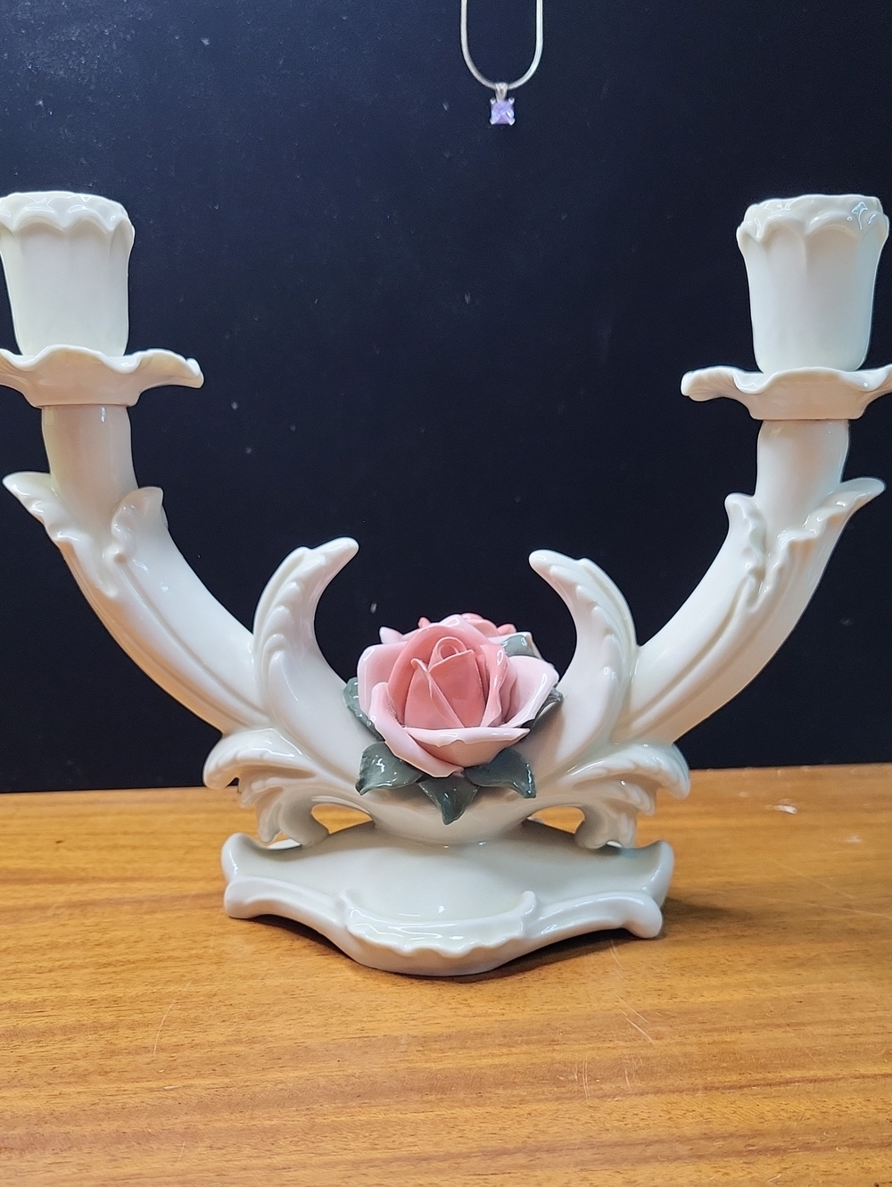 Porcelain Double Candle Holder with Pink Rose Accent